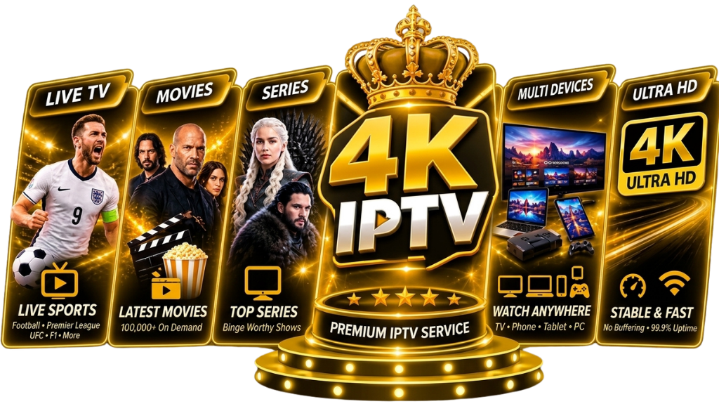 4K IPTV premium streaming graphic featuring live TV, sports, movies, series, multi-device viewing, Ultra HD quality, and fast stable streaming.