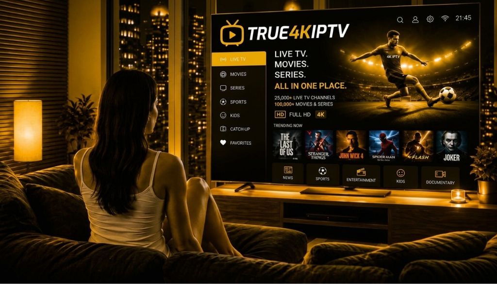 True4KIPTV streaming interface on a smart TV showing live TV, movies, series, sports, kids content, and entertainment in a cozy living room.