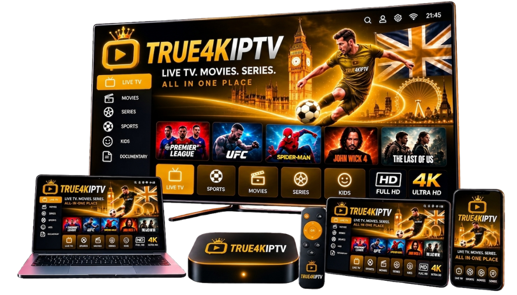 True4KIPTV streaming setup displayed across a smart TV, laptop, tablet, smartphone, and streaming box, featuring live TV, sports, movies, series, kids content, HD, and 4K Ultra HD.